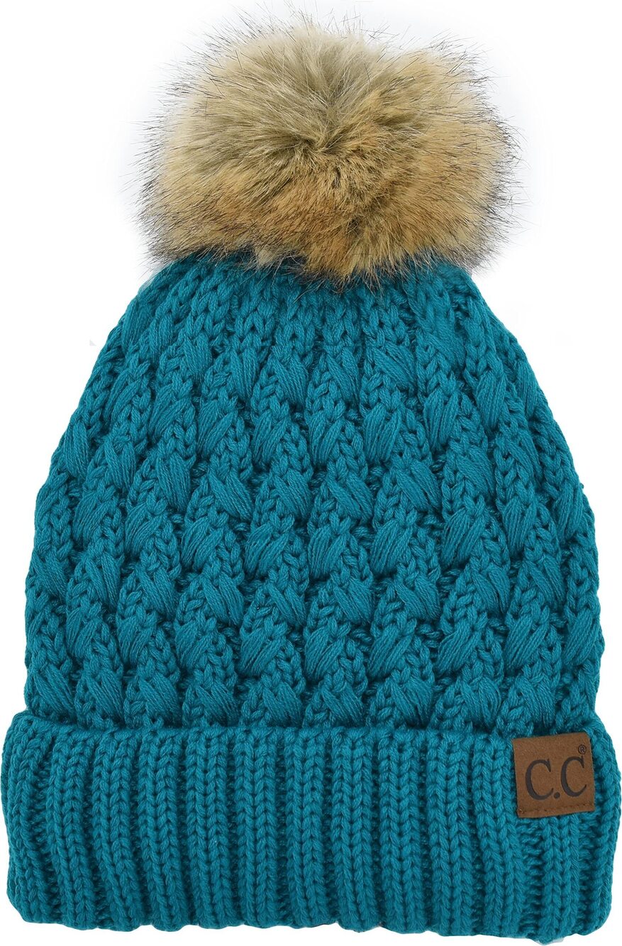 2097 Beanie ’s Thick Cable Knit Faux Fuzzy Fur Pom Lattice Crossover Fleece